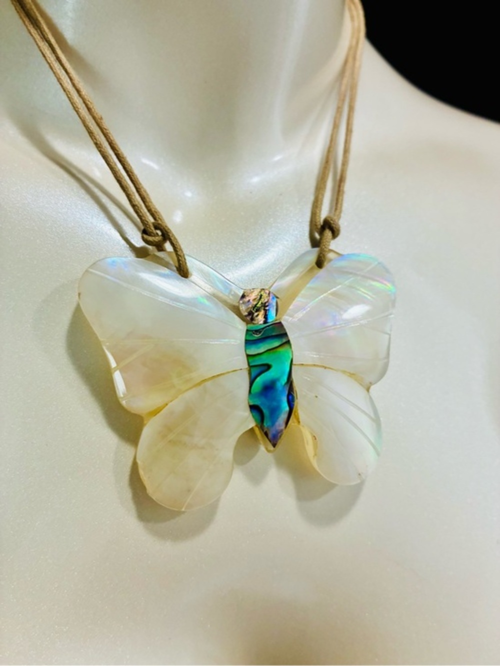 Handcrafted Mother of Pearl & Paua Abalone Butterfly Pendant Necklace - White